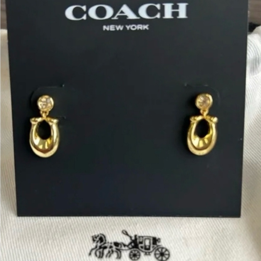Coach Gold-Tone Dangle Logo Earrings with Crystal Studs - Picture 2 of 3